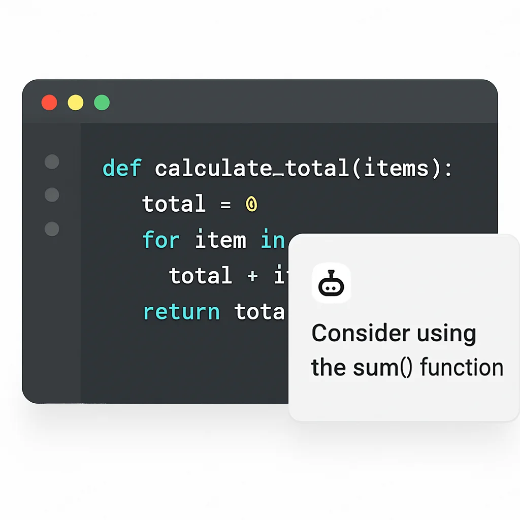 Capture d'écran d'un éditeur de code montrant des suggestions d'IA pour refactoriser une fonction Python