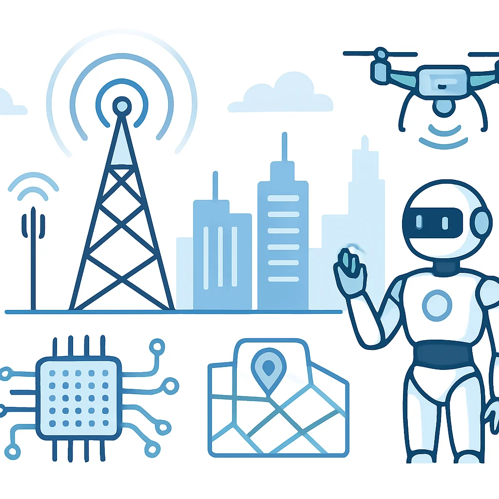 Illustration futuriste représentant des scénarios avancés d'Edge Computing : des tours 5G/6G connectant des villes intelligentes, des drones autonomes, des robots alimentés par l'IA et de minuscules capteurs embarqués, tous traitant les données à la périphérie.