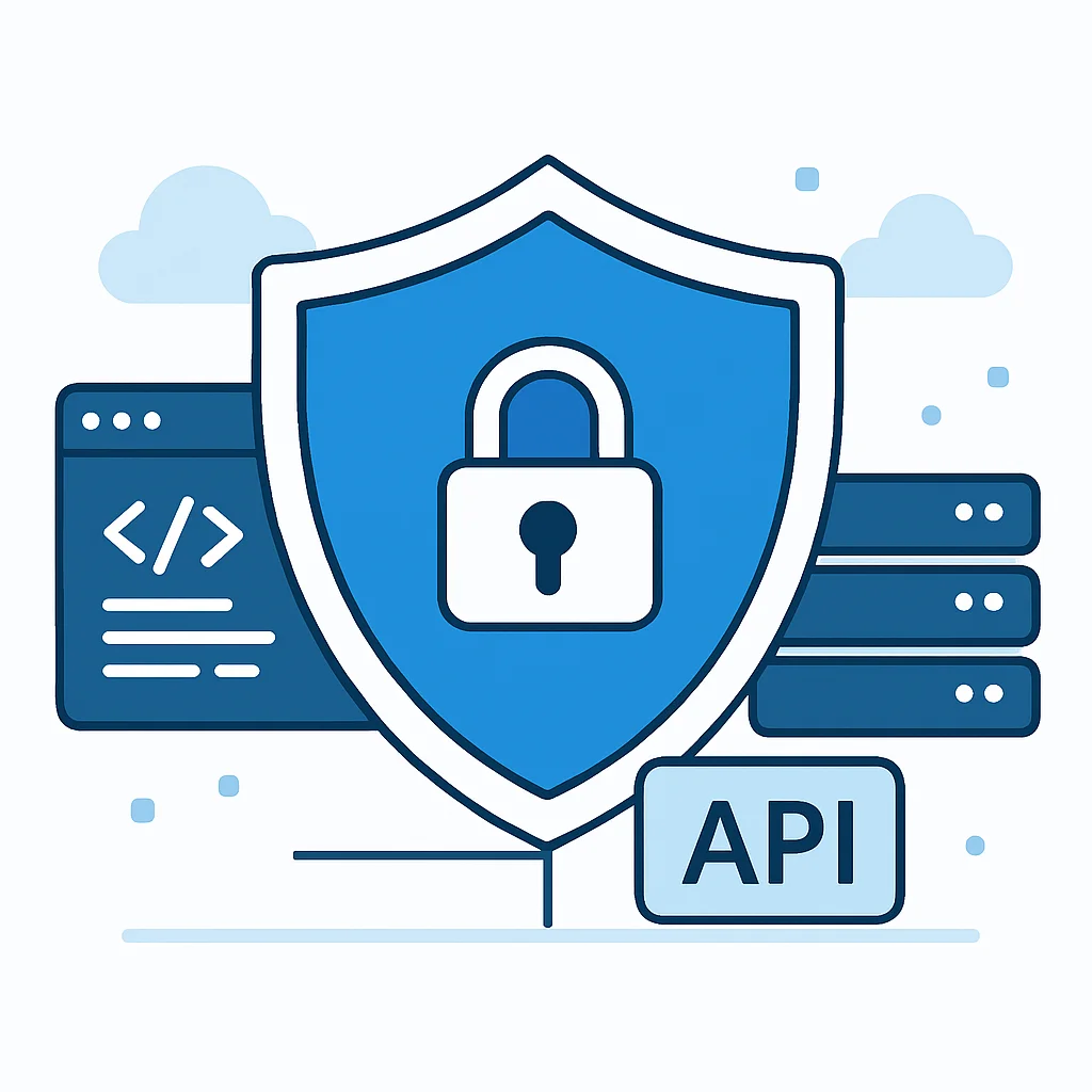 Illustration d'un bouclier de cybersécurité protégeant divers actifs numériques (code, serveurs, API)