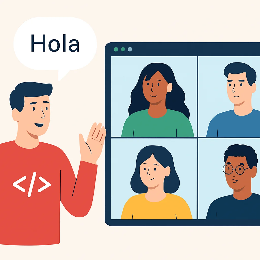 Illustration d'un développeur parlant une langue étrangère avec confiance lors d'une vidéoconférence avec une équipe diverse
