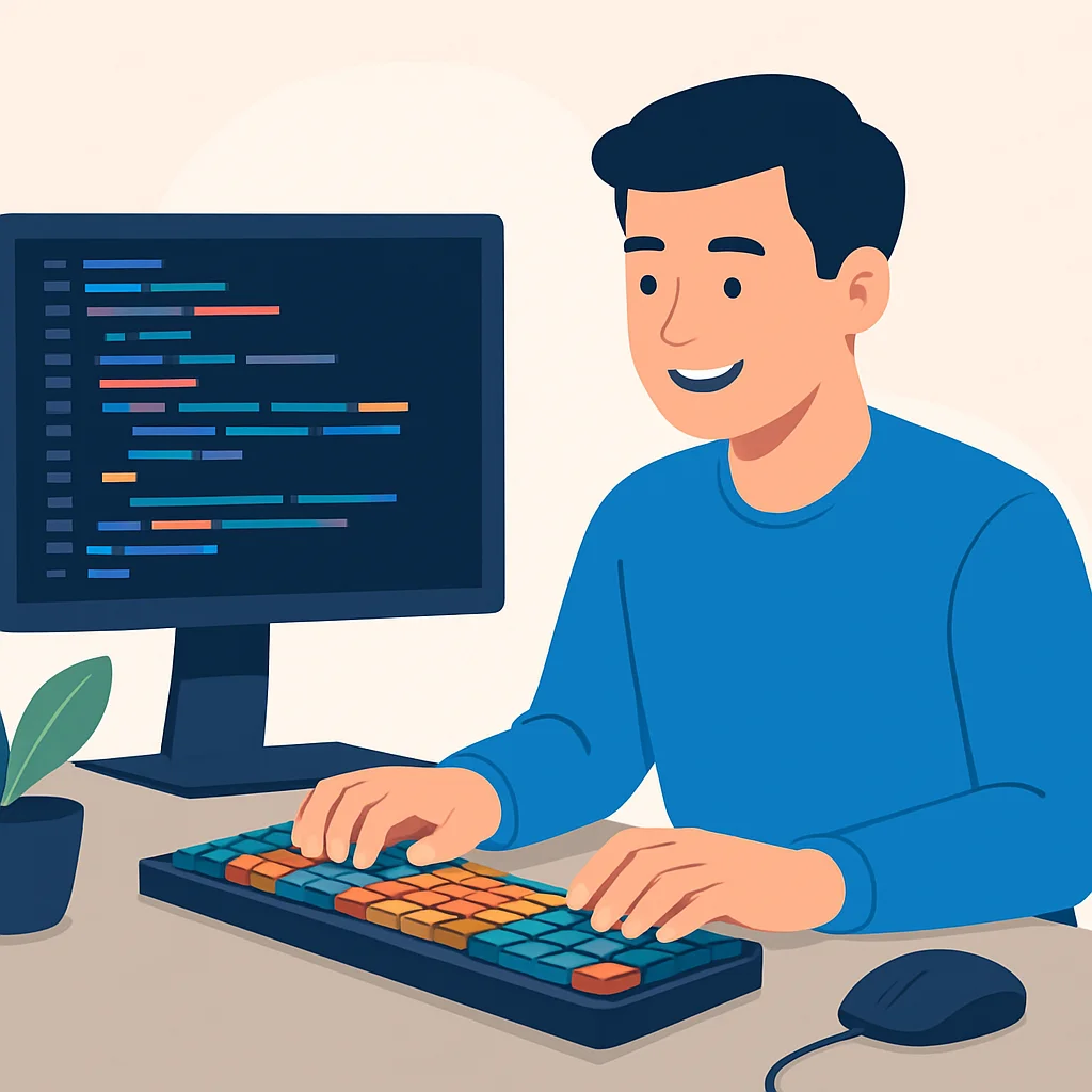 Illustration d'un développeur codant joyeusement sur une configuration de clavier mécanique personnalisable