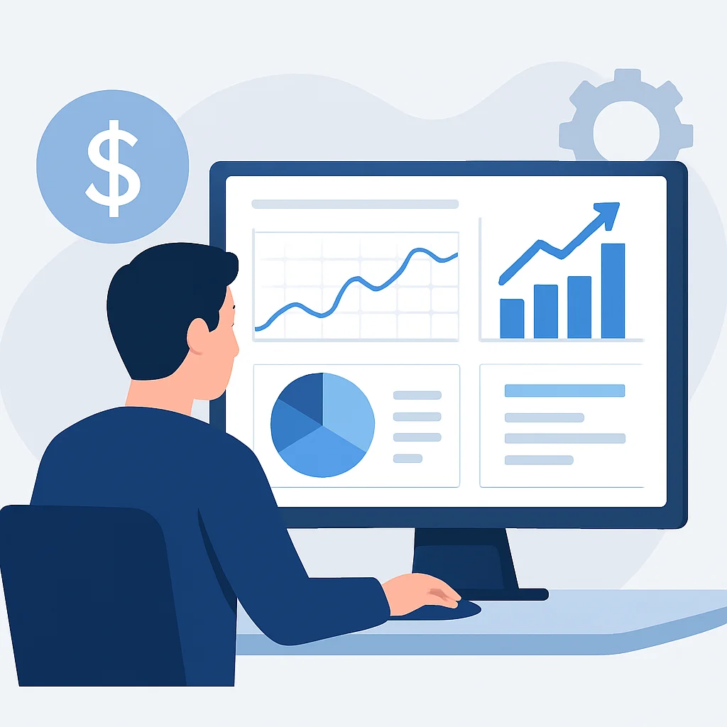 Illustration d'un développeur consultant un tableau de bord financier complexe avec des graphiques et des courbes, symbolisant la planification financière et l'investissement