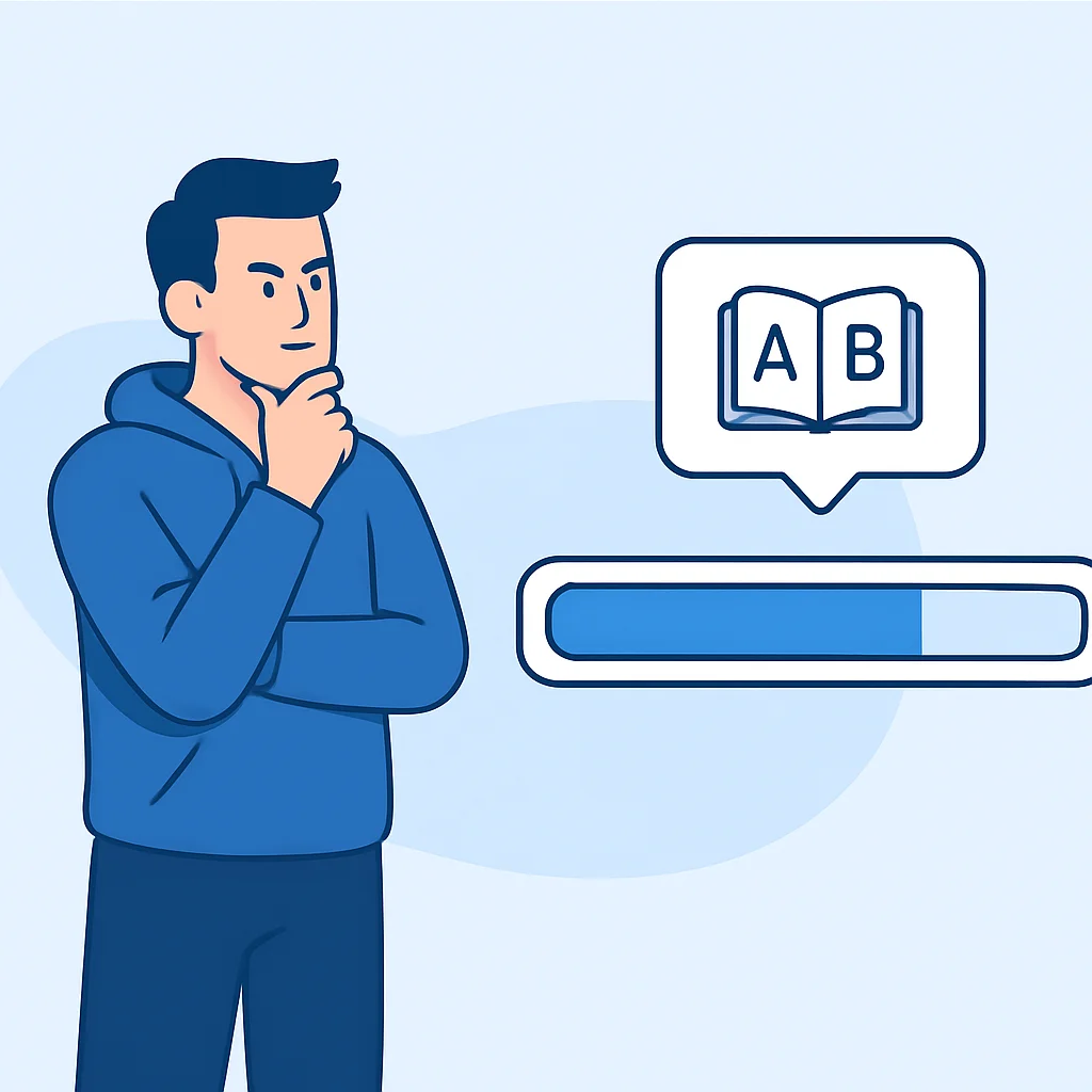 Illustration d'un développeur observant une barre de progression d'apprentissage des langues stagnante, symbolisant un plateau. Le développeur semble déterminé à trouver une solution.