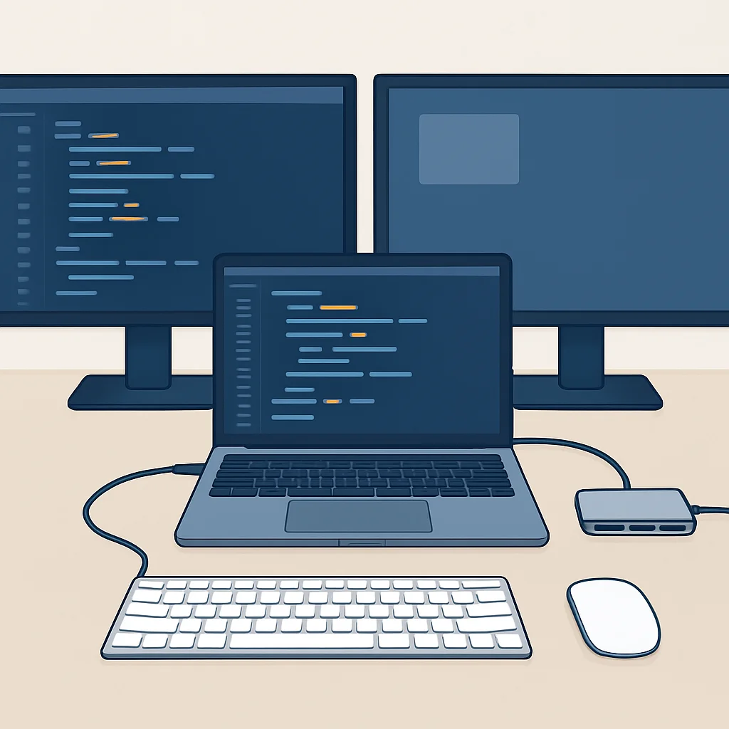 Illustration d'un setup de développeur avec un hub USB-C multi-ports, plusieurs moniteurs et périphériques