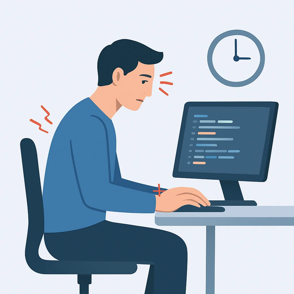 Illustration d'un développeur assis à son bureau avec des maux physiques (douleurs dorsales, poignets, fatigue oculaire) et une horloge indiquant de longues heures