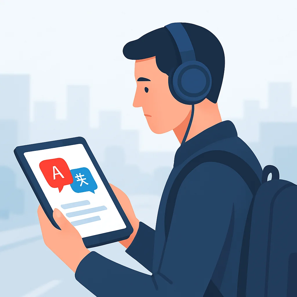 Illustration d'un développeur utilisant une application d'apprentissage des langues pendant son trajet quotidien