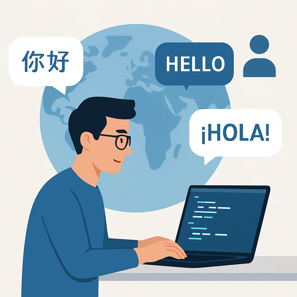 Illustration d'un développeur travaillant dans une équipe mondiale, avec des bulles de dialogue en différentes langues