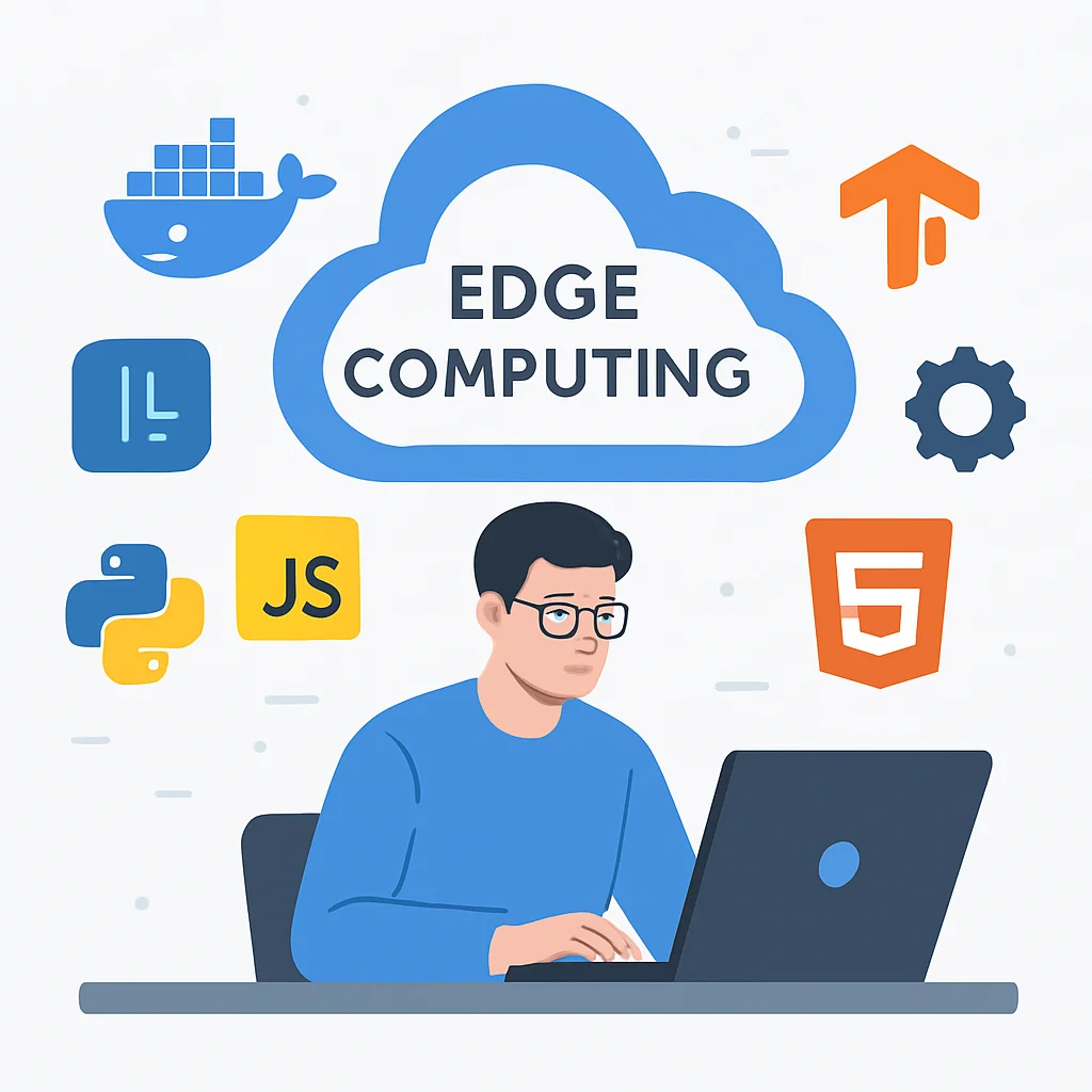 Illustration d'un développeur travaillant sur des applications Edge Computing, entouré d'icônes représentant divers outils et frameworks comme Docker, Kubernetes, TensorFlow Lite et différents langages de programmation.