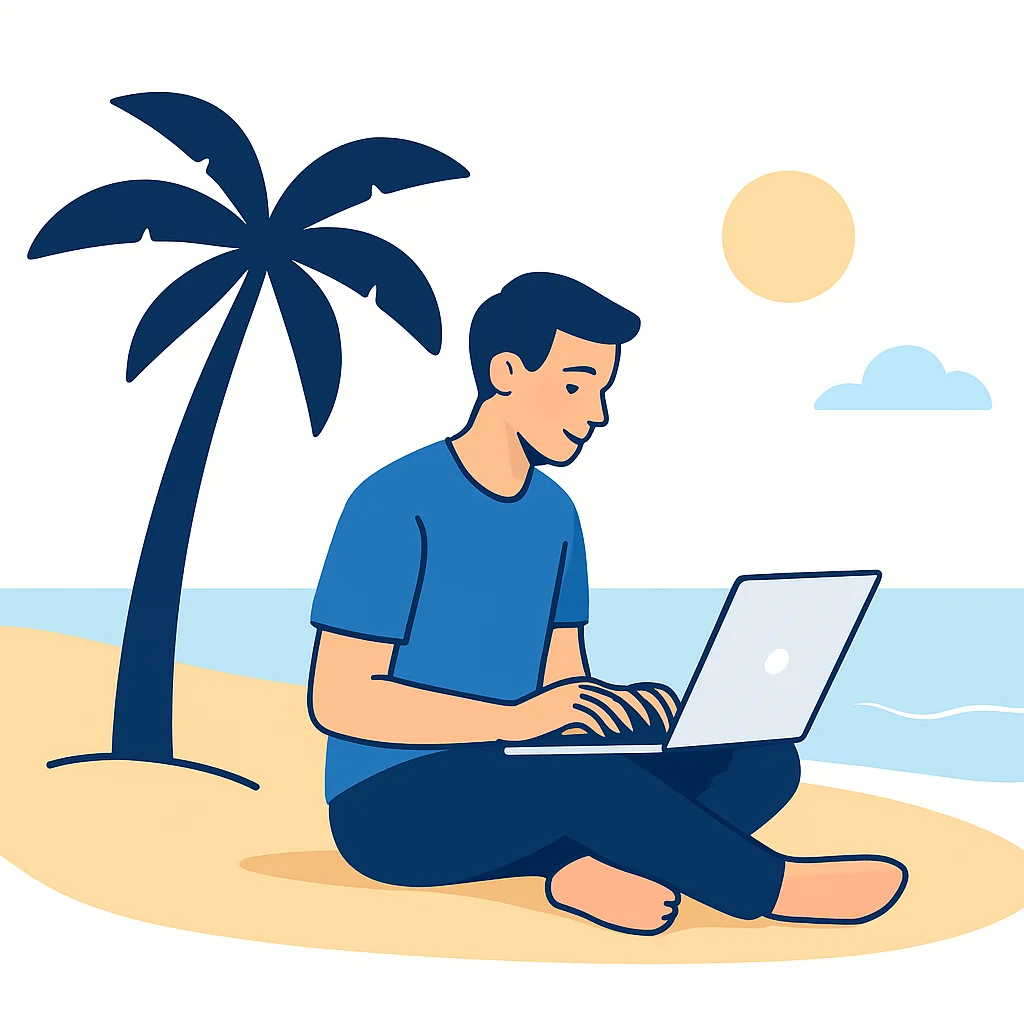Illustration d'un développeur travaillant à distance sur un ordinateur portable sur une plage, symbolisant la liberté et la flexibilité