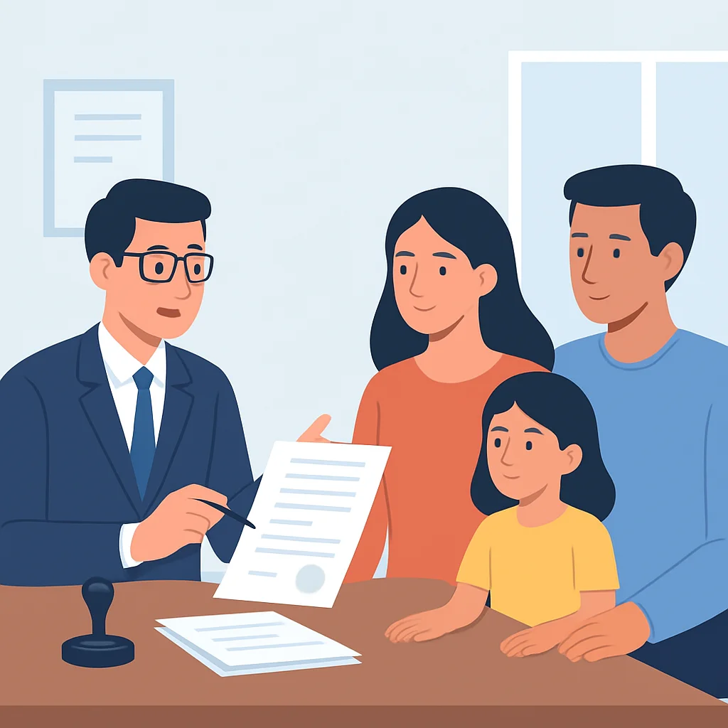Illustration d'un notaire expliquant des documents légaux à une famille