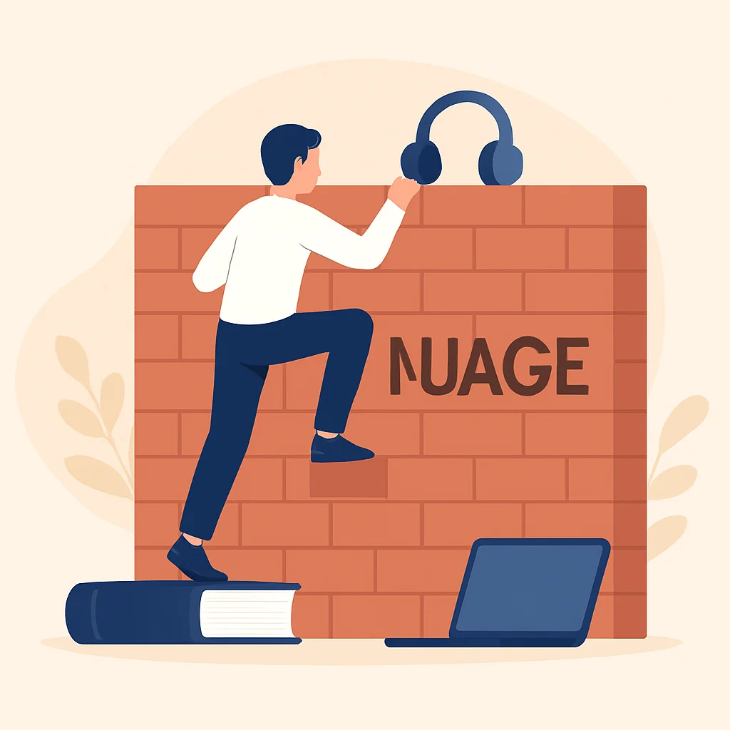 Illustration d'une personne surmontant une barrière linguistique représentée par un mur, avec des outils comme des livres, des écouteurs et un ordinateur portable l'aidant à grimper.
