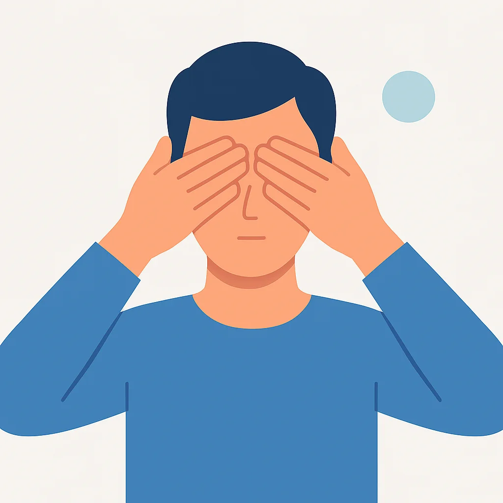 Illustration d'une personne réalisant des exercices oculaires, notamment la technique du paumage