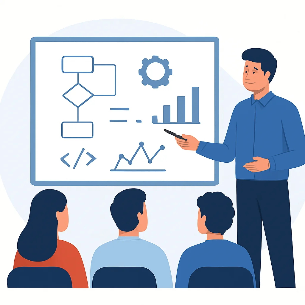 Illustration d'une personne enseignant à un groupe, avec un tableau blanc rempli de concepts techniques, symbolisant le partage des connaissances et l'enseignement