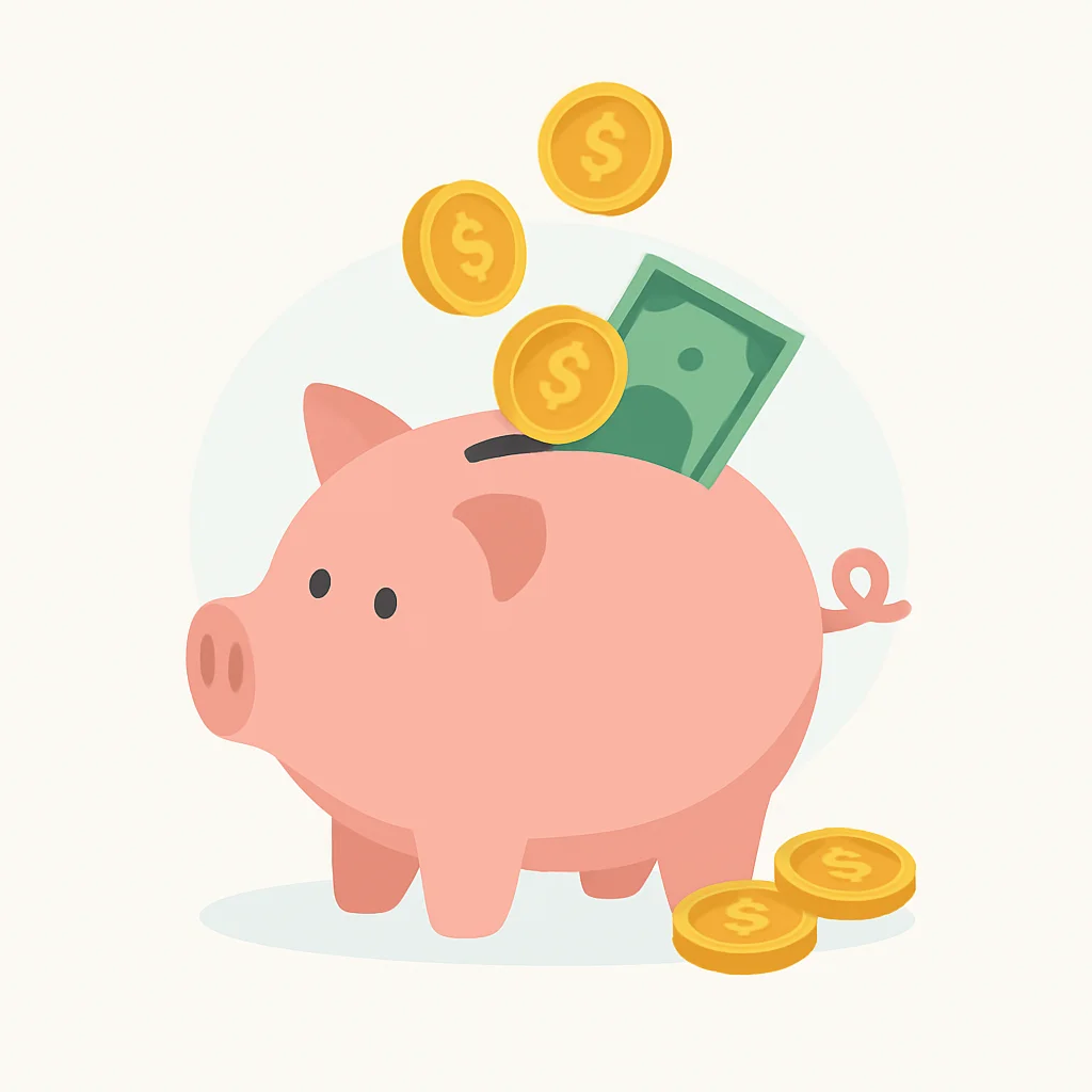 Illustration d'une tirelire se remplissant de pièces et de billets, symbolisant l'épargne d'urgence.