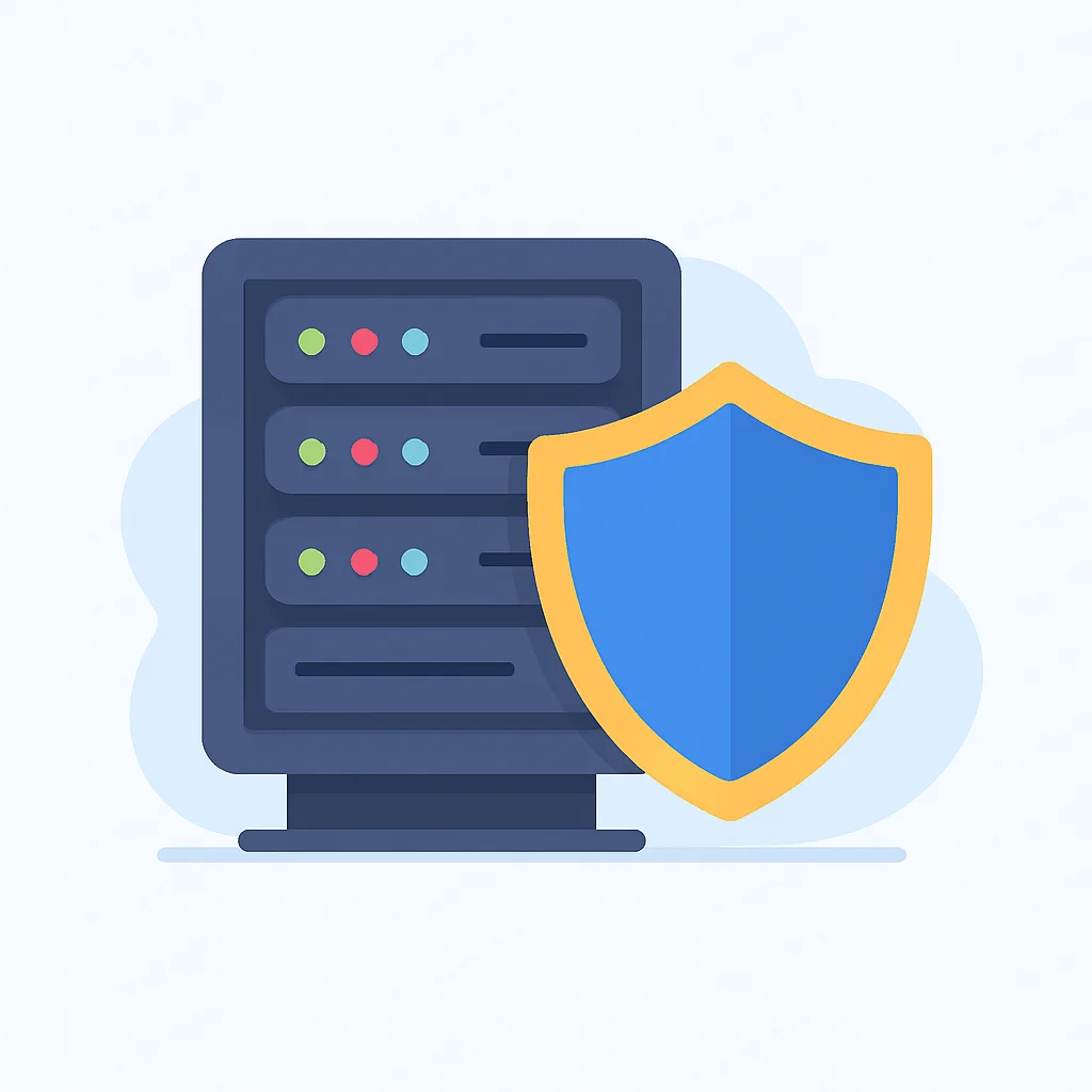 Illustration d'un bouclier protégeant un rack de serveurs, symbolisant une sécurité backend robuste