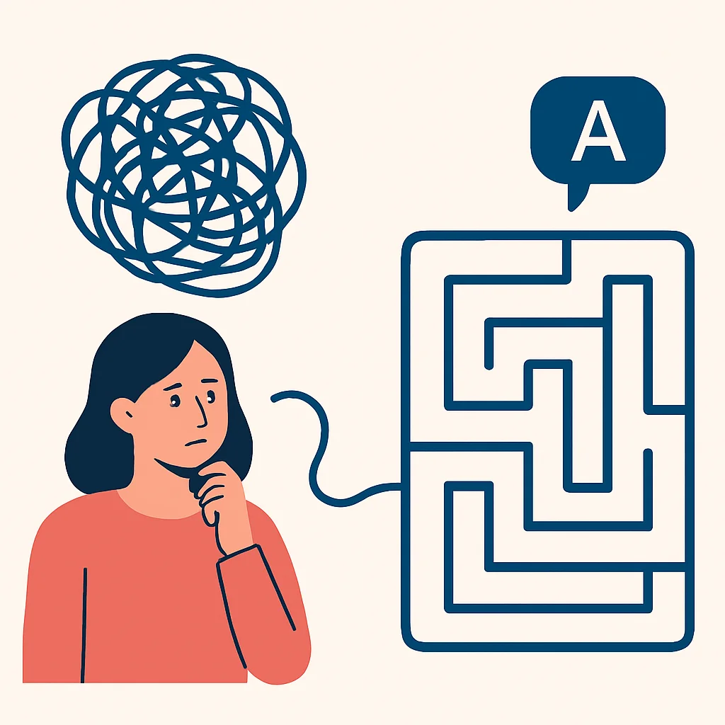 Illustration des pièges courants dans l'apprentissage des langues, comme une pelote de laine emmêlée ou un labyrinthe