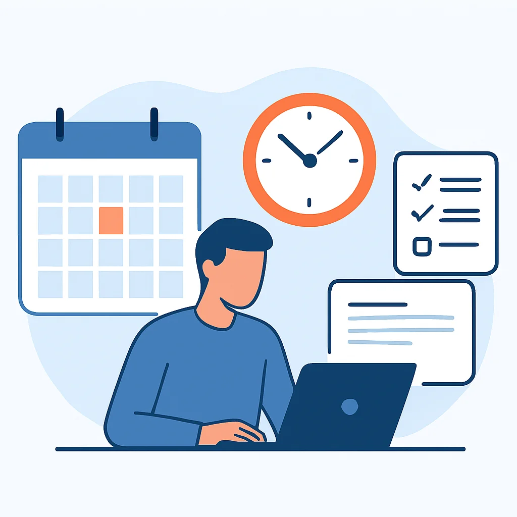 Illustration des stratégies de gestion du temps pour les développeurs, incluant des outils comme les calendriers éditoriaux, la technique Pomodoro pour des sessions de travail ciblées, et le regroupement de contenu pour optimiser la production.