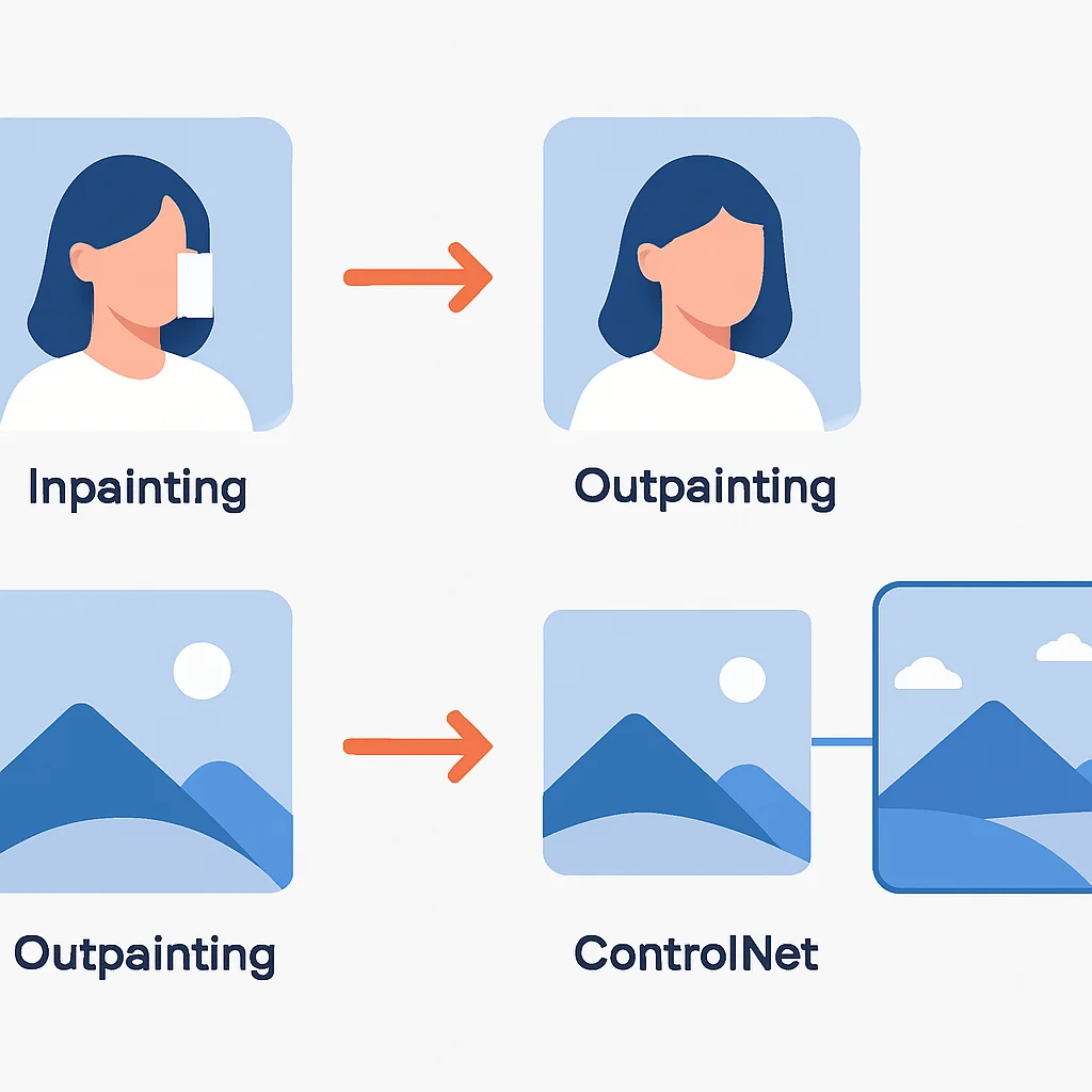 Illustration montrant les concepts d'Inpainting, Outpainting et ControlNet en action, avec des exemples avant/après ou des diagrammes de superposition