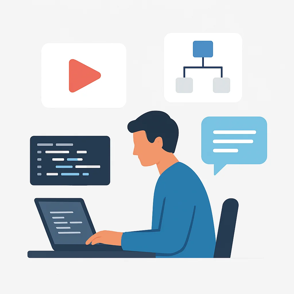 Illustration montrant différents types de contenu pour les développeurs : une personne écrivant du code, un bouton de lecture vidéo, un diagramme et une bulle de discussion