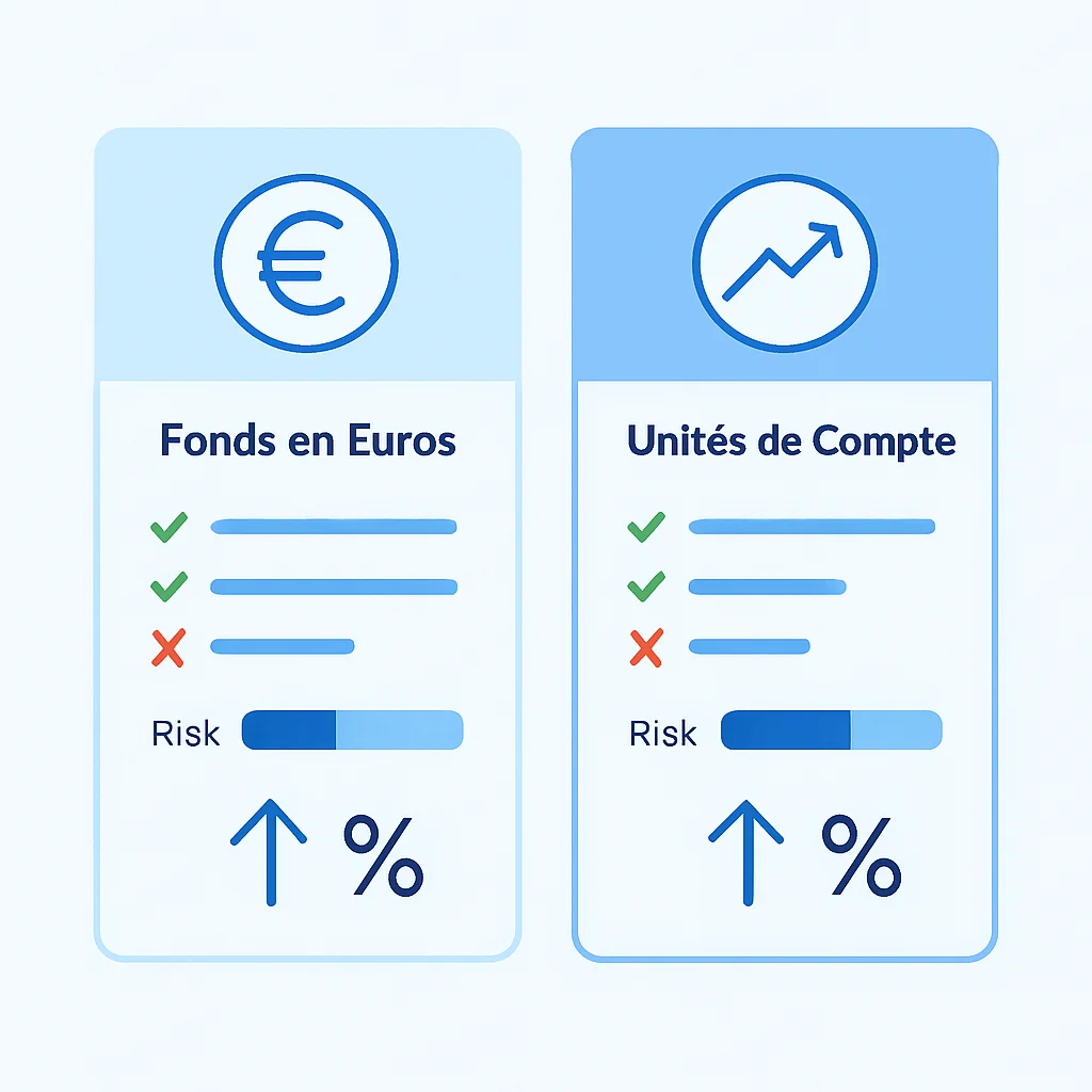 Infographie comparant les caractéristiques des 'Fonds en Euros' et 'Unités de Compte' avec avantages, inconvénients, niveaux de risque et rendements typiques