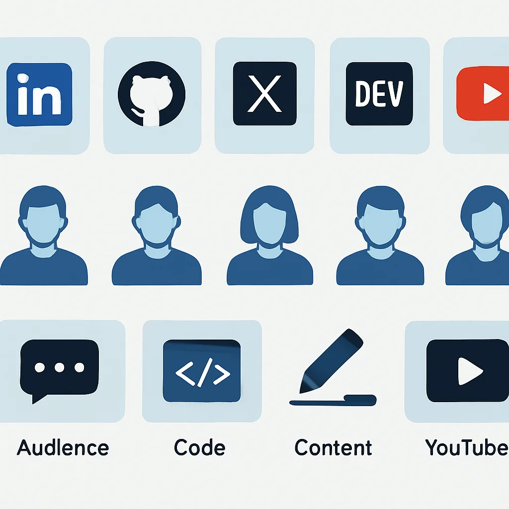 Infographie comparant les fonctionnalités de LinkedIn, GitHub, X, Dev.to et YouTube pour les développeurs, montrant l'audience et les types de contenu
