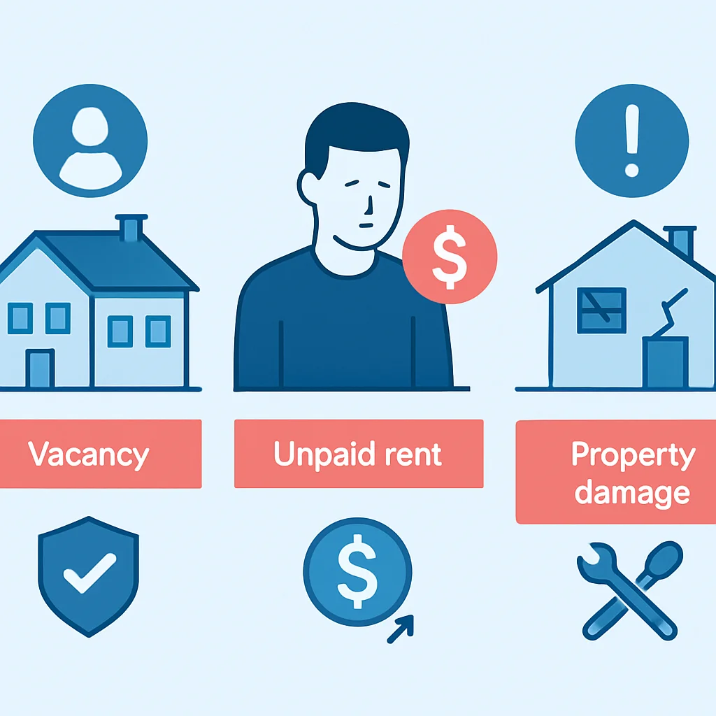 Infographie illustrant les risques courants de l'investissement locatif tels que la vacance, les loyers impayés et les dommages matériels, avec des stratégies d'atténuation