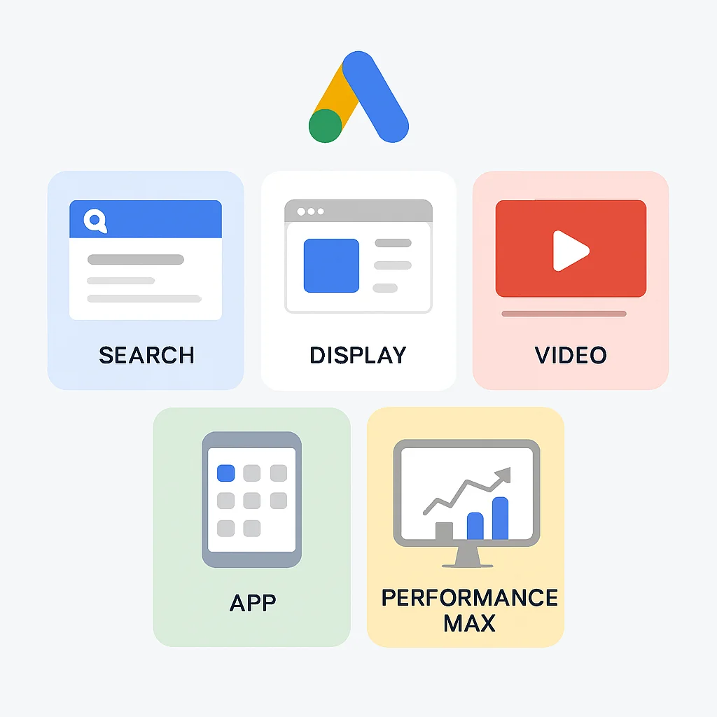 Infographie illustrant les différents types de campagnes Google Ads (Recherche, Display, Vidéo, App, Performance Max) et leurs cas d'utilisation principaux pour les produits tech.