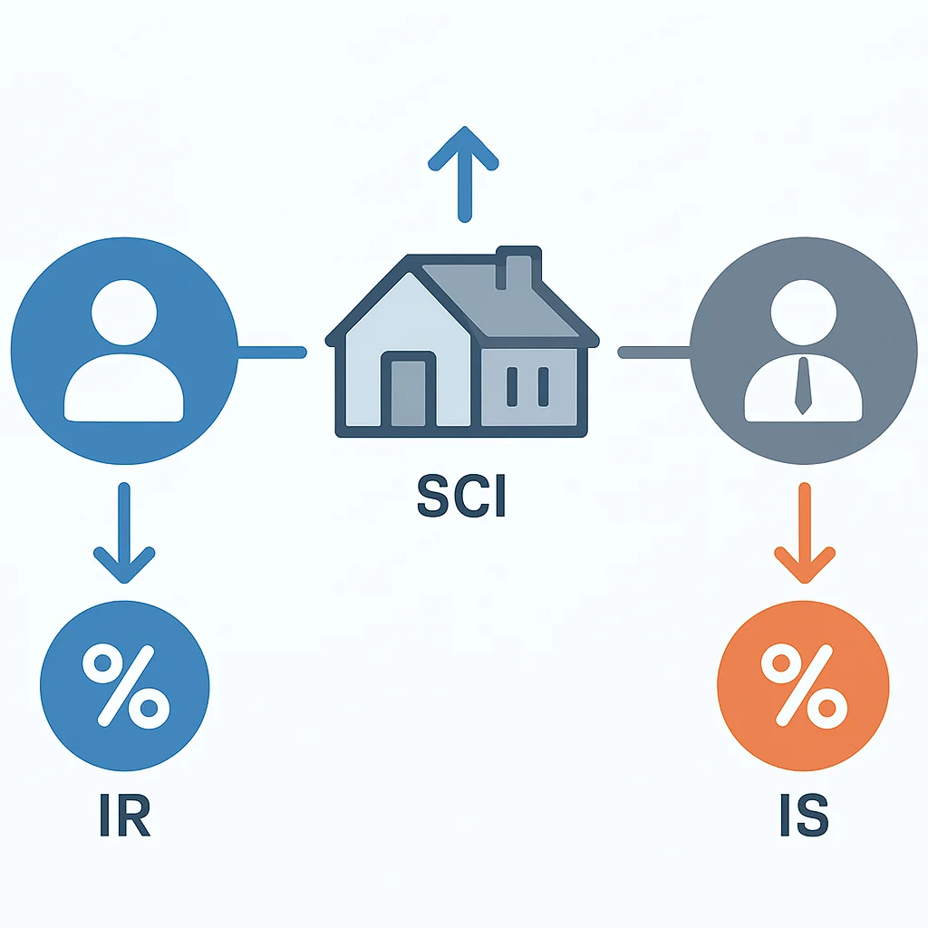 Infographie illustrant le flux des revenus et la fiscalité pour une SCI sous IR vs IS
