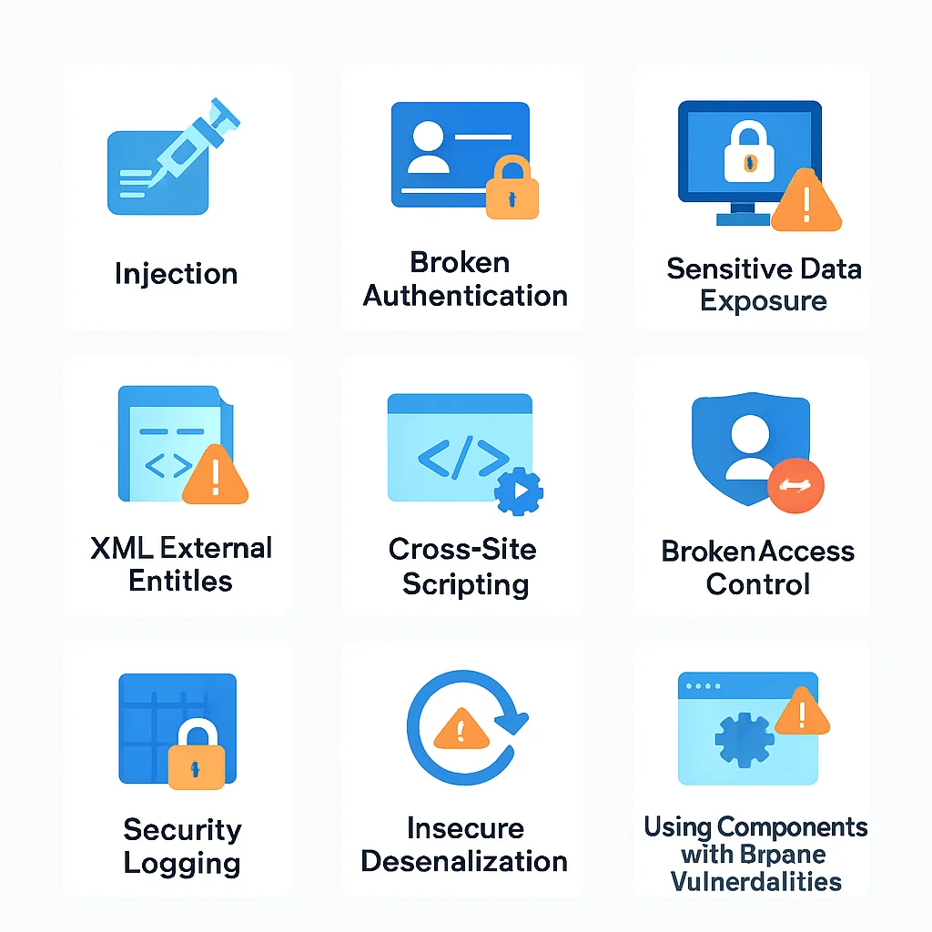 Infographie présentant les catégories de l'OWASP Top 10 avec descriptions et exemples