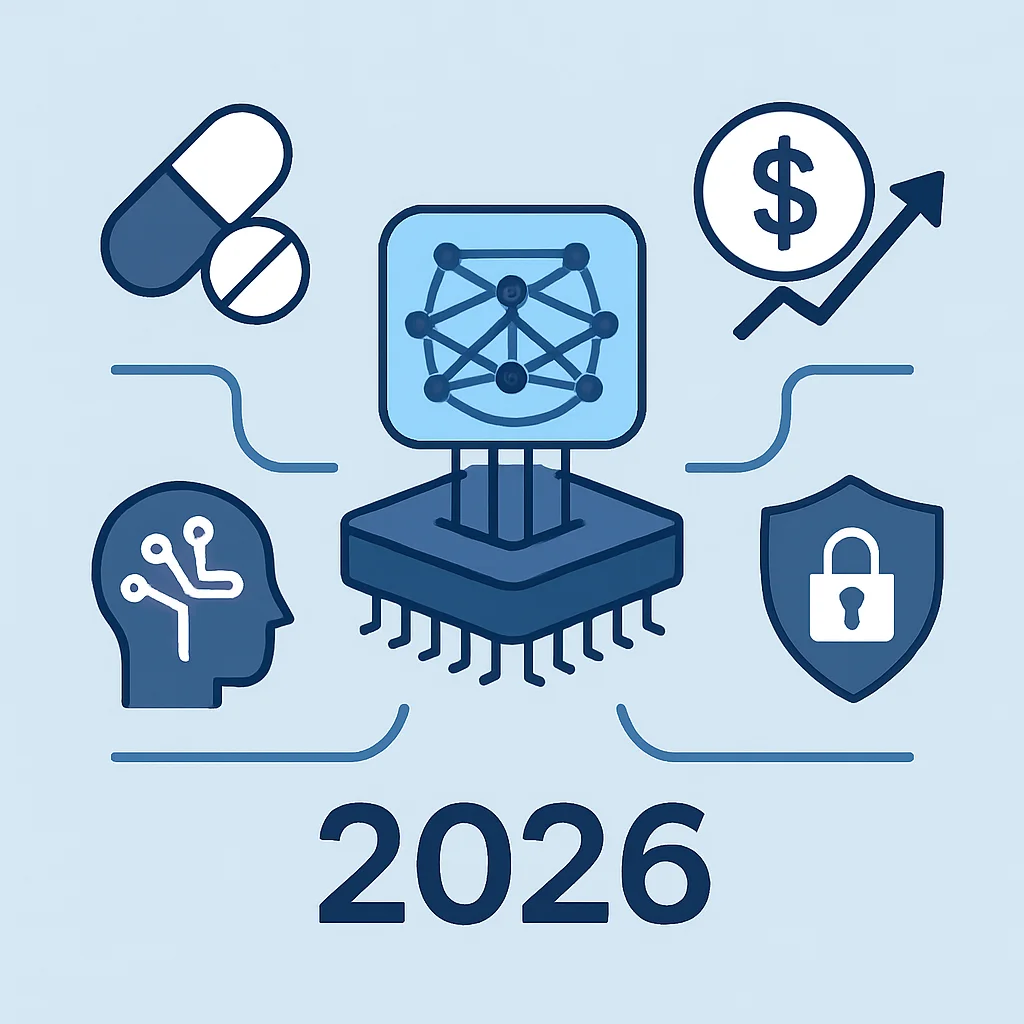 Infographie montrant les industries impactées par l'informatique quantique (pharmacie, finance, IA, cybersécurité) en 2026