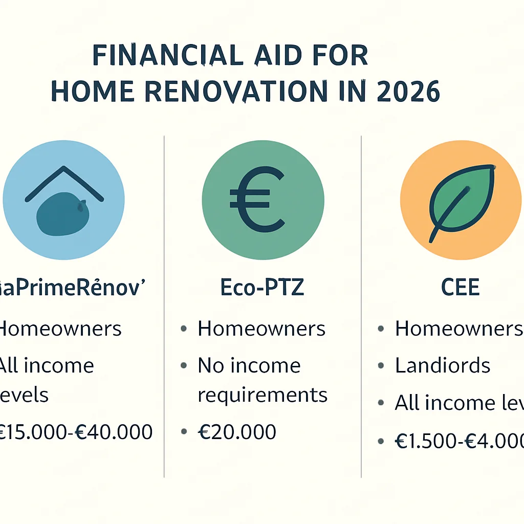 Infographie récapitulant les différentes aides financières à la rénovation immobilière en France en 2026, incluant MaPrimeRénov', Éco-PTZ et CEE, avec critères d'éligibilité et montants typiques