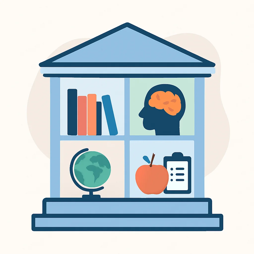 Illustration d'un palais mental avec différentes pièces représentant des catégories de vocabulaire