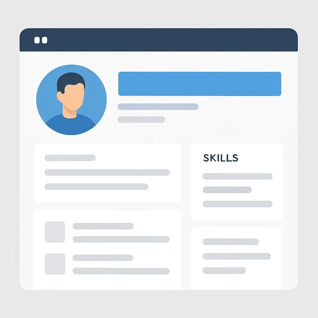 Maquette d'un profil LinkedIn de développeur avec sections bio, compétences et fil d'actualité mises en évidence