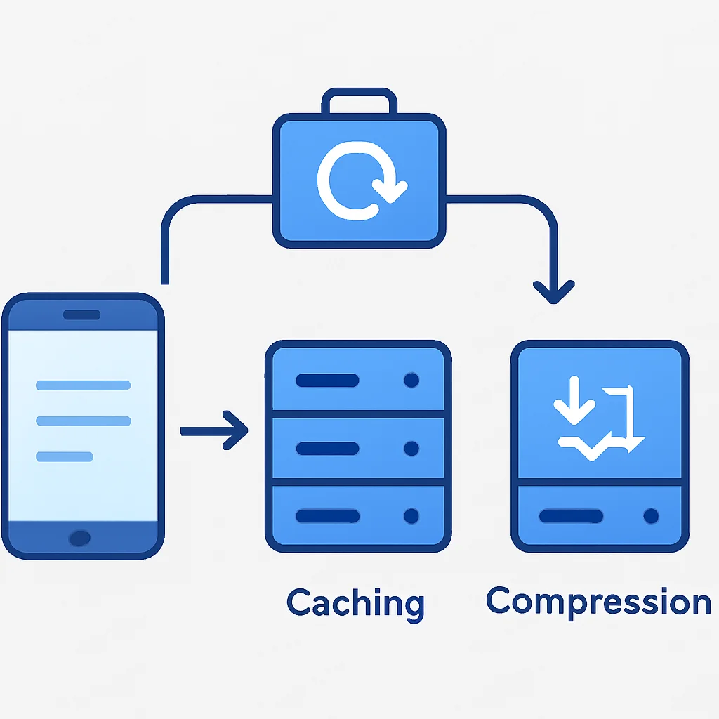 Diagramme réseau montrant un flux de données optimisé avec mise en cache et compression pour les applications mobiles