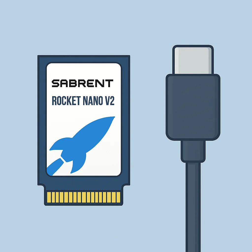 Sabrent Rocket Nano V2 à côté d'un câble USB-C, soulignant son petit format
