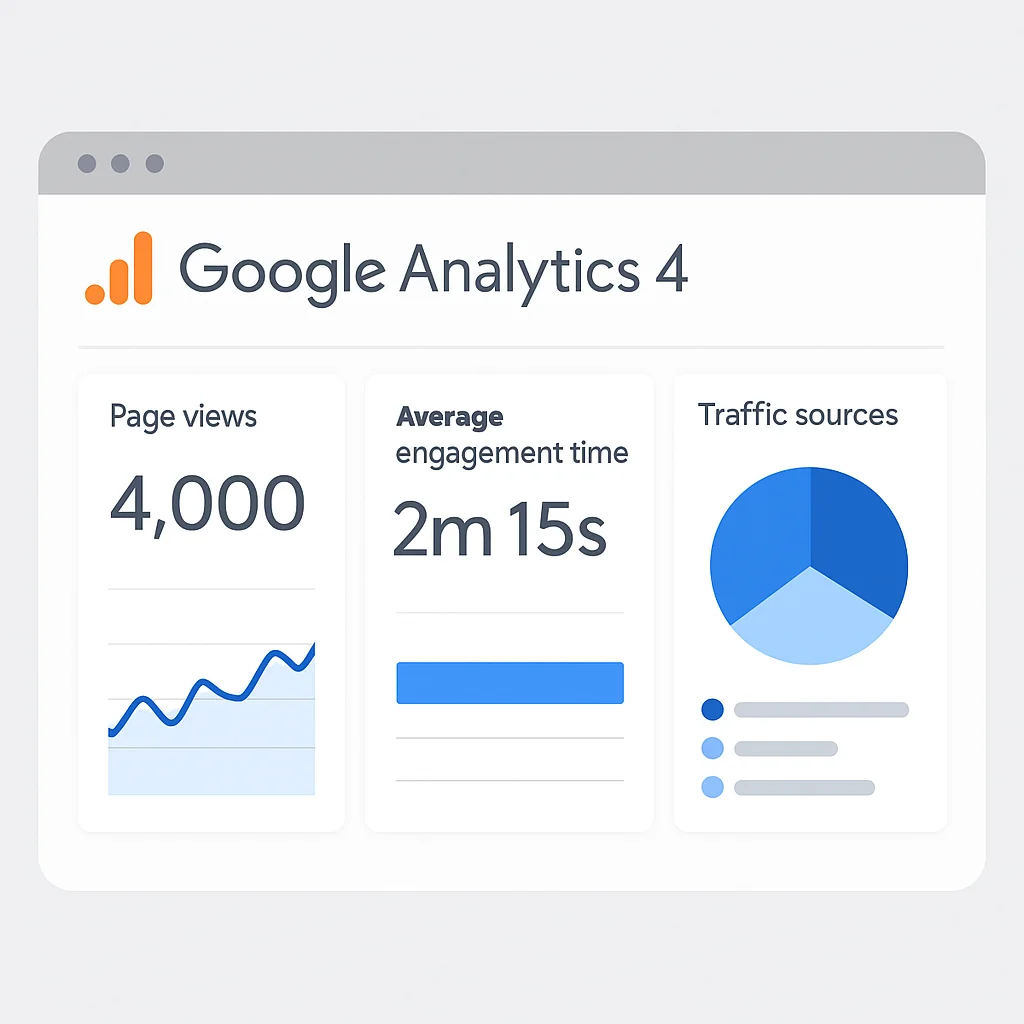 Capture d'écran d'un tableau de bord Google Analytics 4 montrant les métriques clés comme les vues de page, le temps d'engagement moyen, les sources de trafic et les conversions pour un blog technique en 2026.