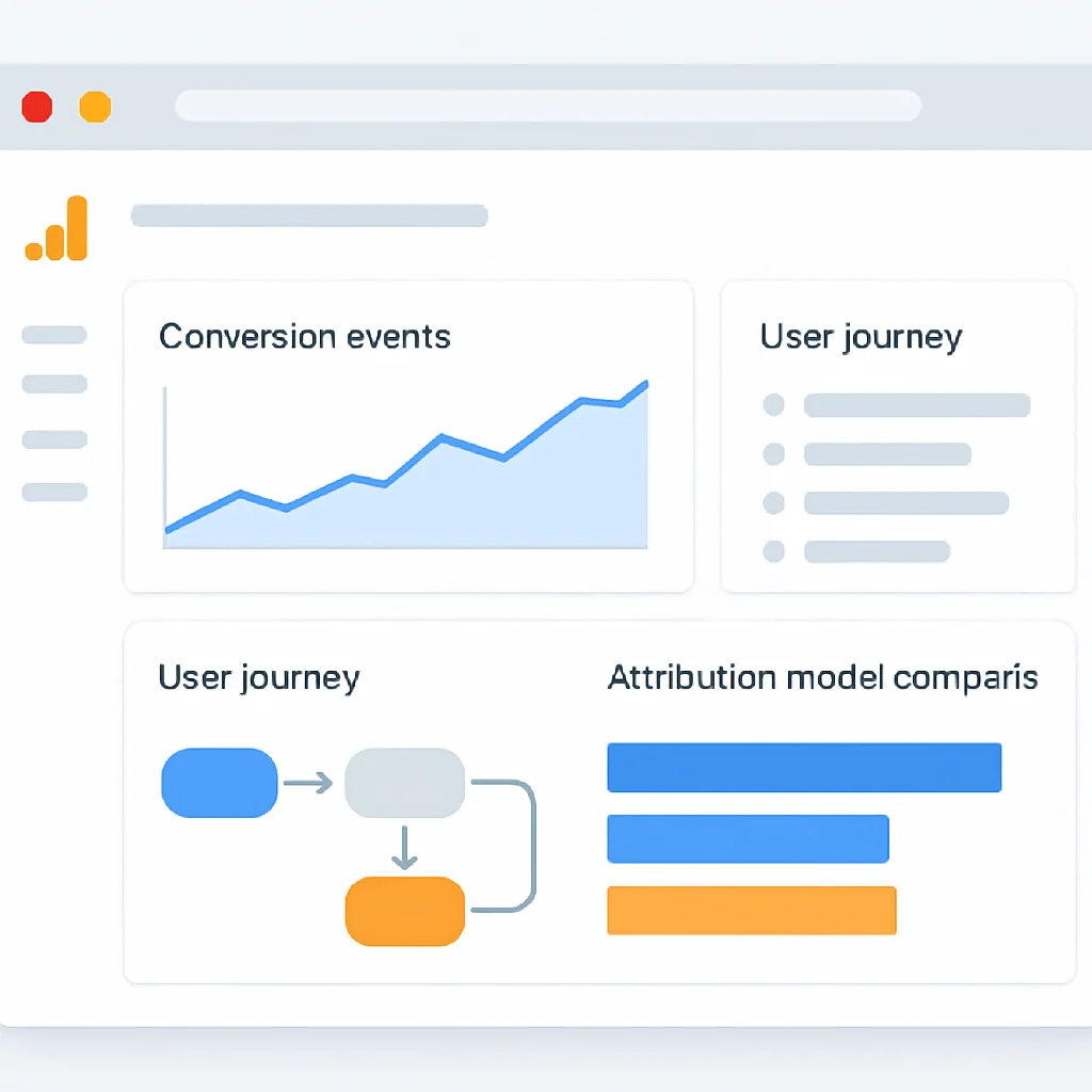 Capture d'écran d'un tableau de bord Google Analytics 4 (GA4) affichant les événements de conversion, le parcours utilisateur et la comparaison des modèles d'attribution, spécifiquement pour un produit tech.