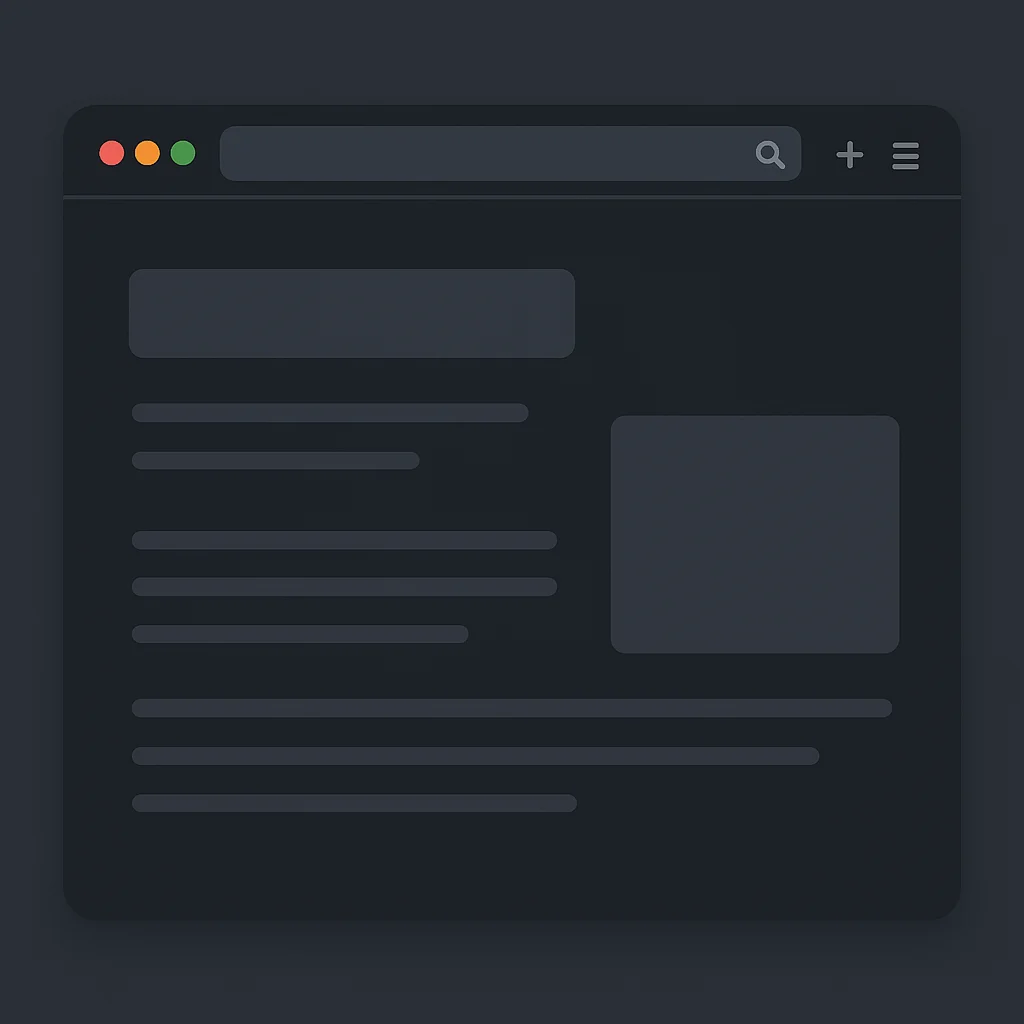 Capture d'écran d'un navigateur web avec une extension de mode sombre activée, montrant un site web transformé pour une meilleure lisibilité nocturne
