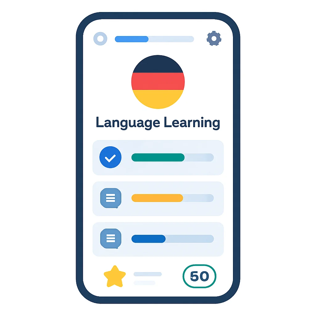 Capture d'écran d'une application d'apprentissage de langues avec suivi de progrès et éléments de gamification