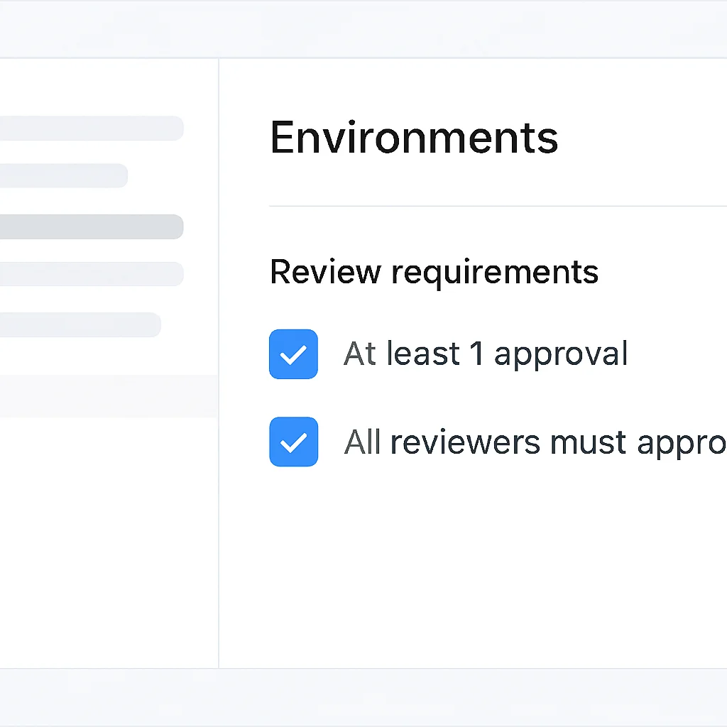 Capture d'écran des paramètres d'environnements GitHub avec exigences de révision