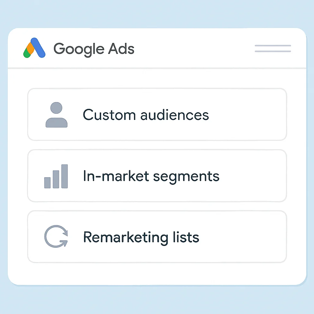 Capture d'écran ou diagramme de l'interface de segmentation d'audience Google Ads, mettant en évidence les audiences personnalisées, les segments sur le marché et les listes de remarketing pour un produit tech.