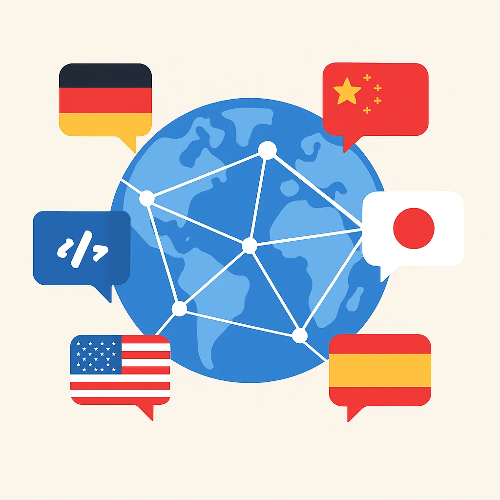 Globe stylisé avec des lignes interconnectées et divers drapeaux de langues, symbolisant la communication globale pour les développeurs