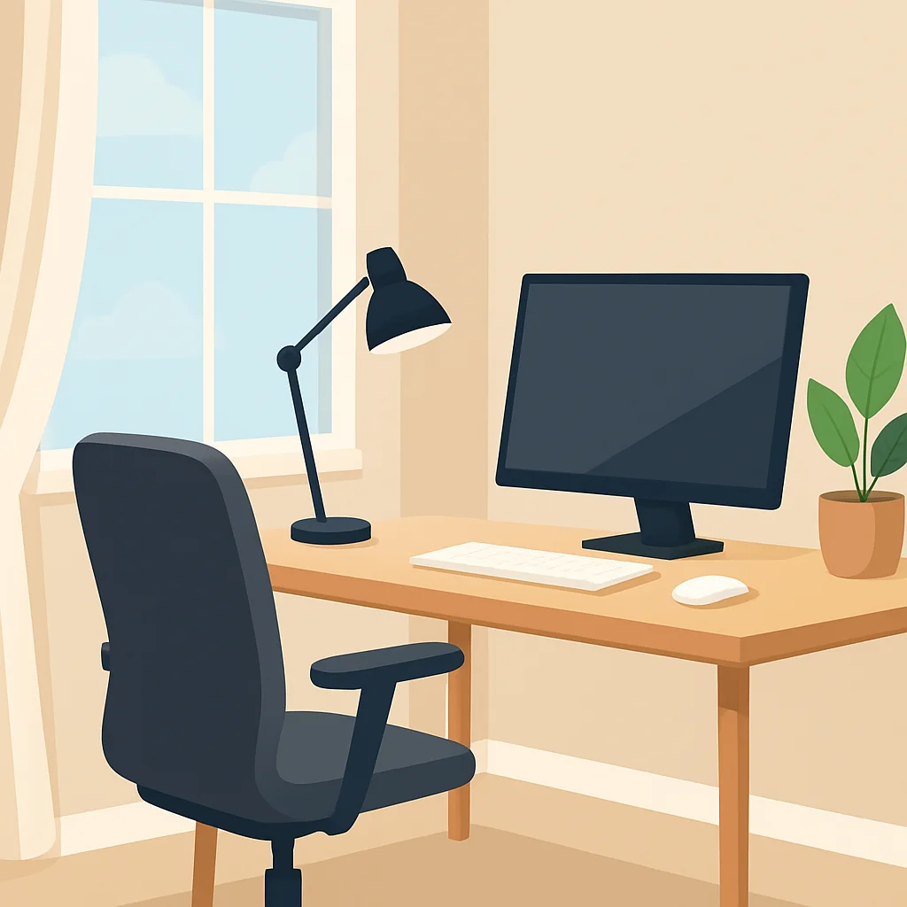 Bureau ergonomique bien éclairé à la maison avec lumière naturelle, une lampe de bureau et une plante, illustrant un environnement confortable et productif